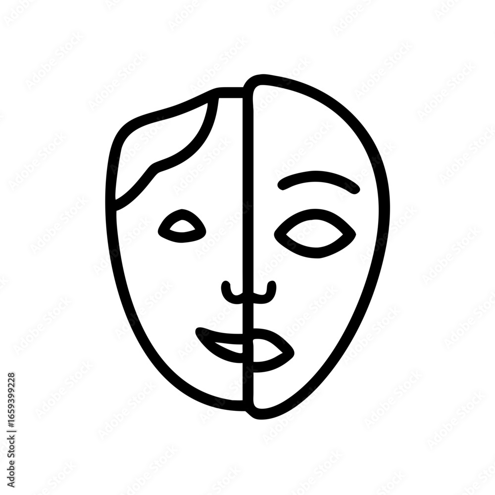 Poster abstract line art of a dual-faced mask symbolizing identity