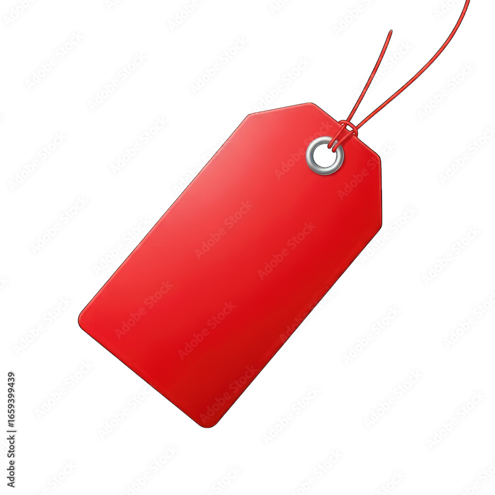 Poster glossy red tag isolated with string and grommet detail on transparent background