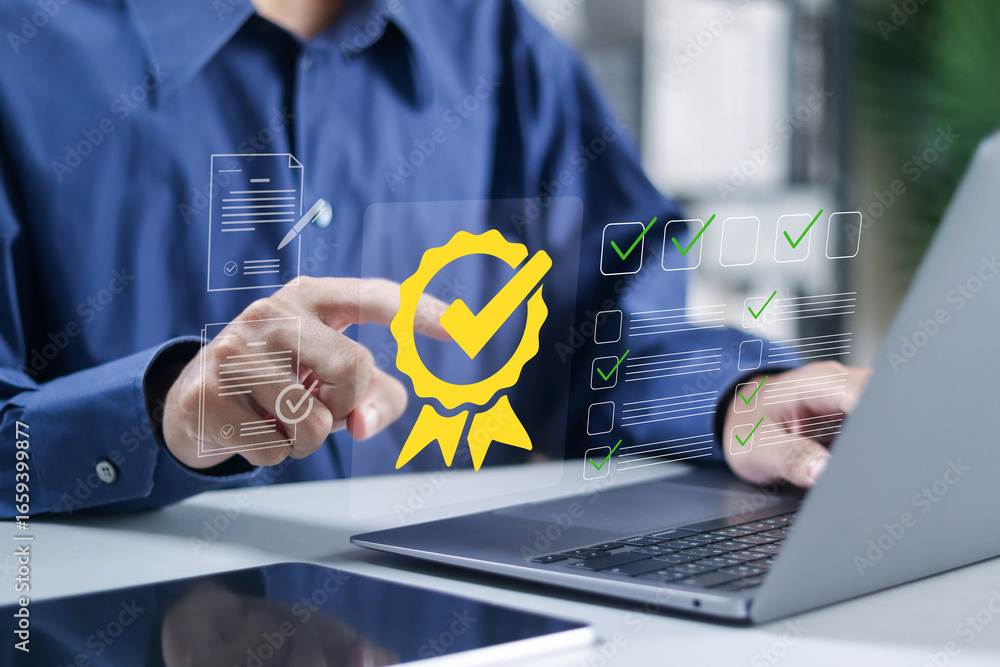 Poster digital certificate concept, quality management, standardization and certification. businessman usin