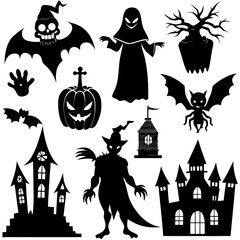  Halloween Silhouette Icon Set Vector, Halloween Silhouettes Elements,  Haunted House Silhouette Vector