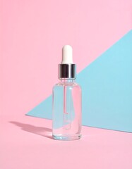 Glass dropper bottle on pastel pink and blue background