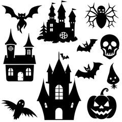  Halloween Silhouette Icon Set Vector, Halloween Silhouettes Elements,  Haunted House Silhouette Vector