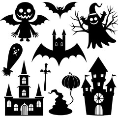  Halloween Silhouette Icon Set Vector, Halloween Silhouettes Elements,  Haunted House Silhouette Vector