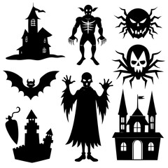  Halloween Silhouette Icon Set Vector, Halloween Silhouettes Elements,  Haunted House Silhouette Vector