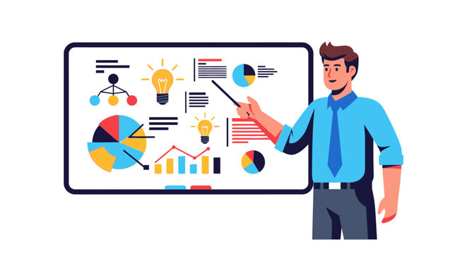 Strategic business presentation with charts and graphics on screen portraying financial data and innovation for future success planning - Powered by Adobe