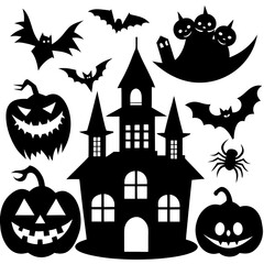  Halloween Silhouette Icon Set Vector, Halloween Silhouettes Elements,  Haunted House Silhouette Vector