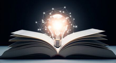 An open book with a glowing lightbulb emitting sparks above it, representing a bright idea, innovation, and the power of knowledge