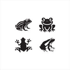 Four stylized frog silhouettes in a graphic design.