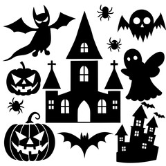  Halloween Silhouette Icon Set Vector, Halloween Silhouettes Elements,  Haunted House Silhouette Vector
