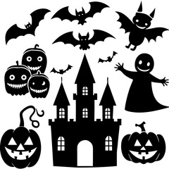 Halloween Silhouette Icon Set Vector, Halloween Silhouettes Elements,  Haunted House Silhouette Vector
