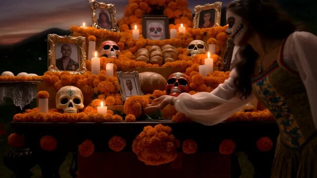 Woman placing offerings on ofrenda during day of the dead celebration