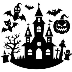  Halloween Silhouette Icon Set Vector, Halloween Silhouettes Elements,  Haunted House Silhouette Vector