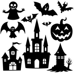  Halloween Silhouette Icon Set Vector, Halloween Silhouettes Elements,  Haunted House Silhouette Vector