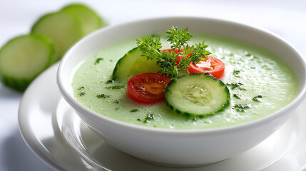 A vibrant bowl of refreshing cucumber soup garnished with fresh herbs and cherry tomatoes.