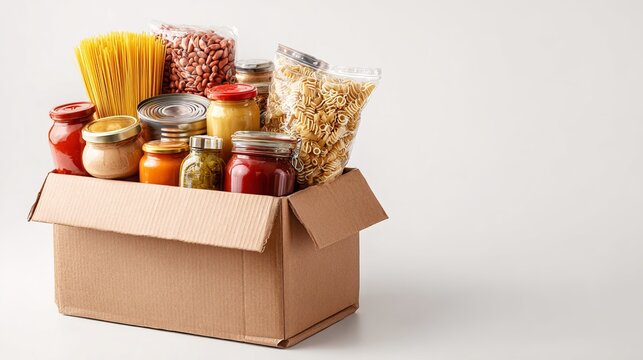 Cardboard box packed with canned goods, pasta, noodles, peanut butter, and snacks on white background. Concept for food donation, pantry supplies, emergency preparedness, and essential groceries.