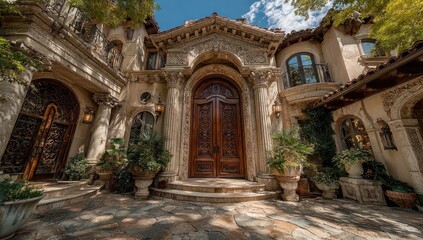 Ornate mansion entrance with detailed carvings and stonework