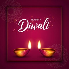Warm glow of two lit diyas illuminating a festive happy diwali celebration with floral accents