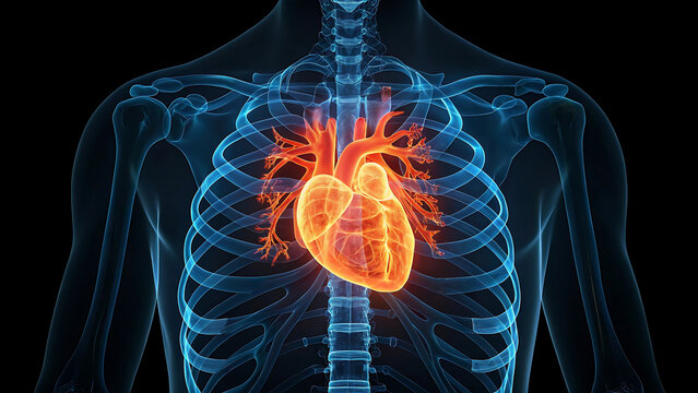 Internal View of Human Chest Anatomy with Highlighted Heart &ndash; 3D Medical X-Ray Style Thoracic Illustration