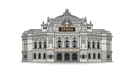Obraz premium Stylized illustration of a grand classical opera house facade with ornate architectural elements and neutral color palette