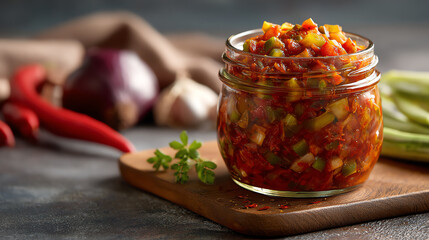 A vibrant jar of homemade salsa surrounded by fresh ingredients, showcasing the essence of flavorful cooking and healthy eating.