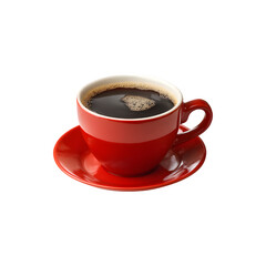 Fototapeta premium Red coffee cup filled with dark liquid placed on a matching saucer