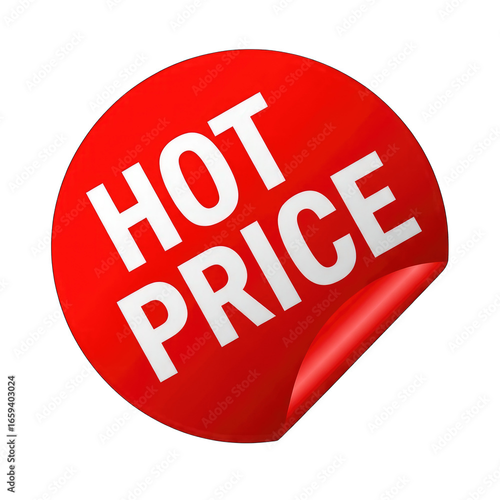 Poster hot price round sticker with white text on a shiny red label with curl on black