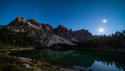 Moonlit mountain lake