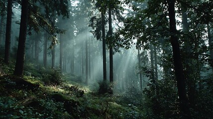 Obraz premium Sunbeams Illuminate Misty Forest Path A Serene Nature Escape