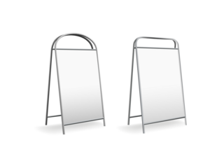 Advertising easel stand, sandwich sign board frame mockup. 3d menu double poster display for restaurant on sidewalk. Outdoor chalkboard for promo notice with food and coffee. Empty signage mock up 