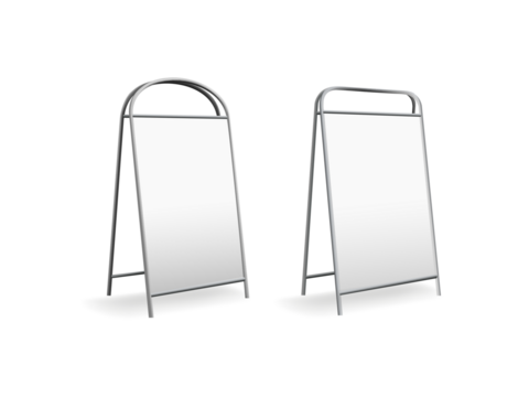 Advertising easel stand, sandwich sign board frame mockup. 3d menu double poster display for restaurant on sidewalk. Outdoor chalkboard for promo notice with food and coffee. Empty signage mock up 