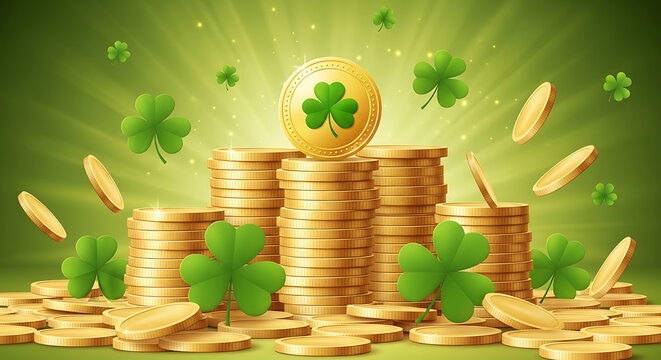 St patricks day background with gold coins and shamrocks, symbolizing luck, wealth, and the irish culture - Powered by Adobe