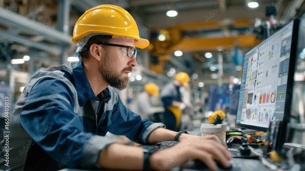Aufkleber the engineer's precision: a focused engineer, adorned in a safety helmet, deeply engrossed in analyz