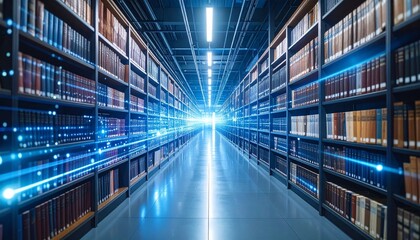 Endless library aisle glows with digital light—books and blue streaks converge; a portal of knowledge, memory, and futuristic imagination.