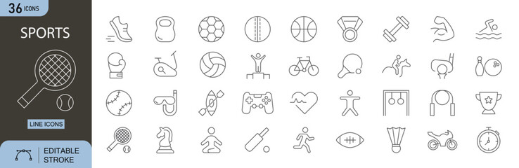 Sports icons set. Includes ball, bat, racket, whistle, trophy, jersey, goal, helmet, court, and fitness equipment. Editable stroke. Line icons. Perfect for infographics, sports apps and tournaments. © IconForge Studio