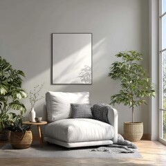 Modern, light-filled living room with comfortable armchair