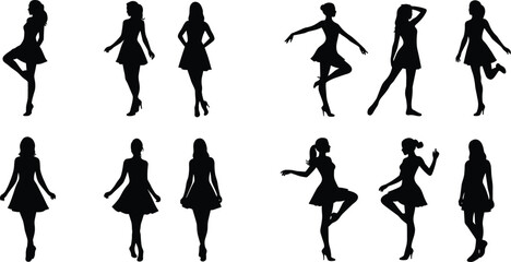 Women silhouette collection in dresses and high heels, various poses including dancing and standing, black vector icons for fashion illustration design.
