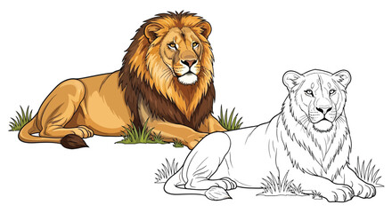 Obraz premium Lion and Lioness Coloring Page with Dual Art Styles Outline Drawing and Colorful Reference