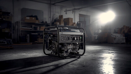 A heavy-duty portable generator sitting on a concrete floor in a warehouse or industrial setting