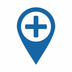 Obraz premium Blue medical location pin icon with a white cross on a plain background