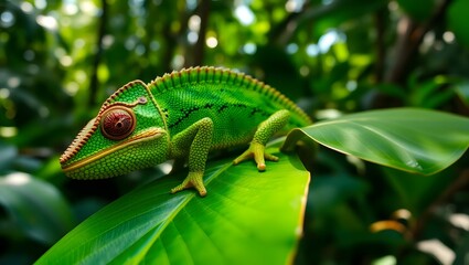 A bright green chameleon resting on a large leaf in a lush tropical environment with blurred foliage