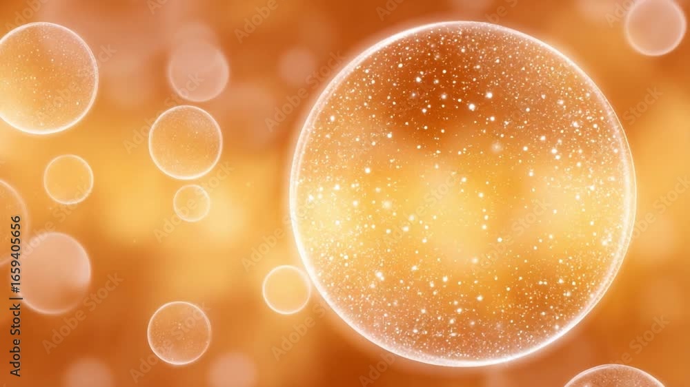 Poster celestial bubbles: glimmering, spherical orbs dance within a luminous orange ambience, their forms h