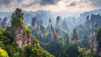 Awesome view of natural quartz sandstone pillars of the Tianzi Mountains (Avatar Mountains)