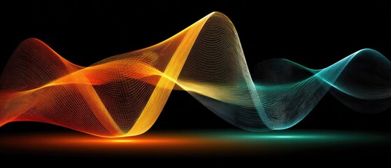 Abstract flowing wave forms in orange and teal against a black background