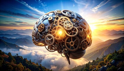Mechanical brain glows at center—gears interlock in a luminous web of cognition; a bold fusion of intelligence, technology, and engineered thought.