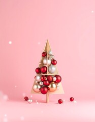 Minimalist Christmas tree silhouette filled with red and gold ornaments against a pink background
