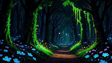 Obraz premium Magical Enchanted Forest Path with Glowing Flowers – Fantasy Nature Illustration