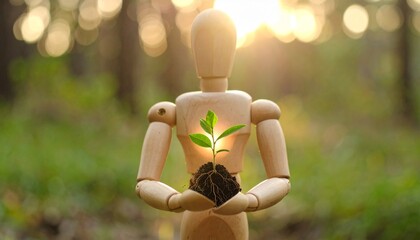 Wooden mannequin cradles seedling—sunlight streams through forest; a tender symbol of growth, care, and quiet renewal in nature’s embrace.