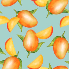 Hand-drawn seamless pattern with ripe mango fruits, juicy slices, and green leaves on a vibrant blue background