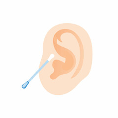 Human ear with a cotton swab inserted into the ear canal carefully