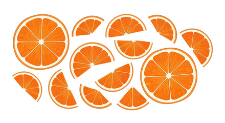 Vibrant citrus arrangement: a playful display of sliced and whole oranges creating a refreshing and zesty visual composition on white background